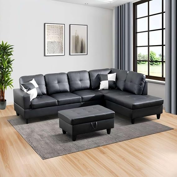 Black L-Shaped 3-Piece Faux Leather Sofa with Storage Ottoman Set, Sectional Couch Leather-Like Sofa Set for Living Room, Office, Small Space