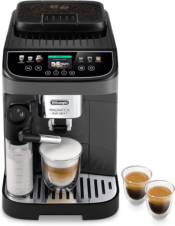 De'Longhi Magnifica Evo Next ECAM310.60.GB Fully Automatic Coffee Beans Automatic Milk Frother for Cappuccino 10 Personalised Recipes Soft Touch Colour Display Grey/Black