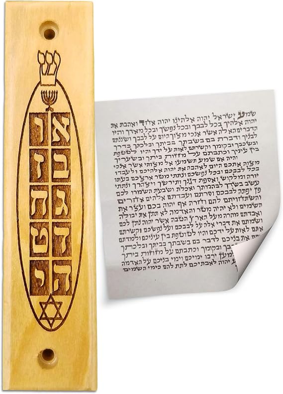 Olive Wood Mezuzah with Scroll, Ten Commandments, Menorah, Star of David, Made in Israel, Religious Home Decor for Door & Wall, Includes Parchment Prayer Scroll, Jewish & Messianic House Wall Art