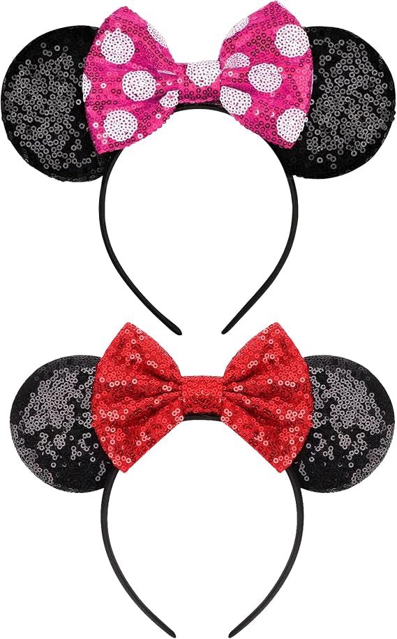2 PCS Mouse Ears Headbands Shiny Sequin Bows Hairband Hair Accessories for Christmas Cosplay Parties