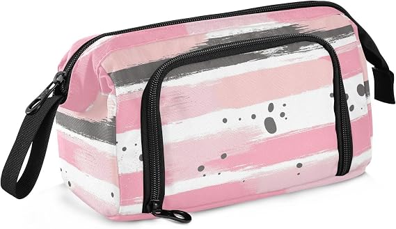 Pink and Light Gray Stripe Pattern Doodle Art Pencil Bags Large Capacity Pencil Organizer Case with Handle for Teacher Preppy School