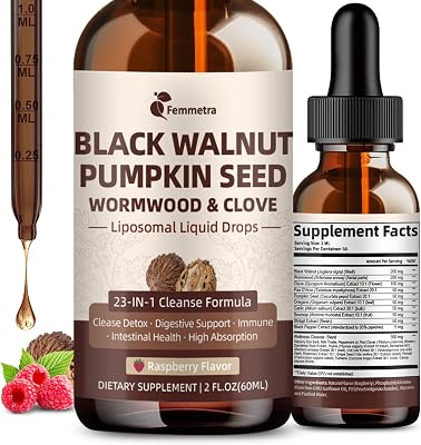 Wormwood Black Walnut Clove Cleanse for Humans Drops, 23-in-1 Gut Health Support Supplement with Pumpkin Seed, Oil of Oregano etc for Detox & Digestive Health, Non-GMO, Raspberry Flavor, 2 FLOZ