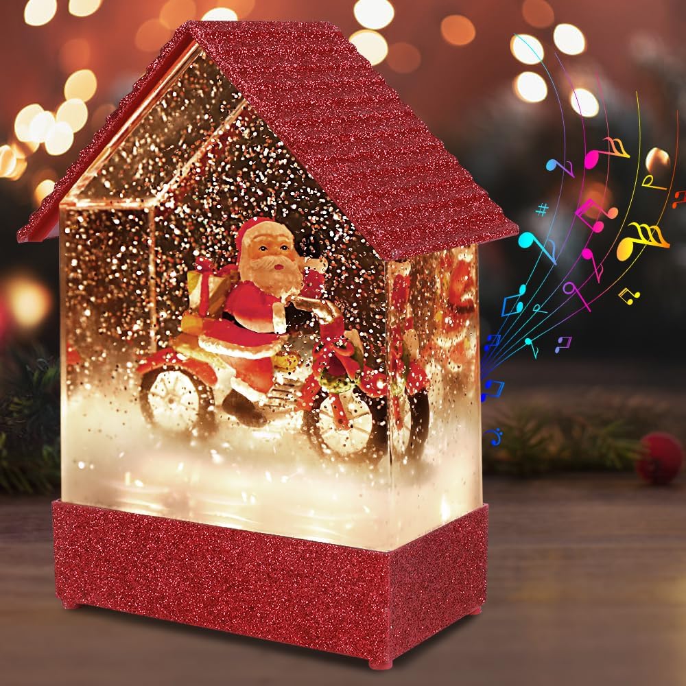 VITAKEO-Musical Snow Globe House with 8 Christmas Songs - Motorcycle, Christmas Snow Globes House Holiday Festival Christmas Decoration,USB or Battery Powered.7.8x5.1×2.7