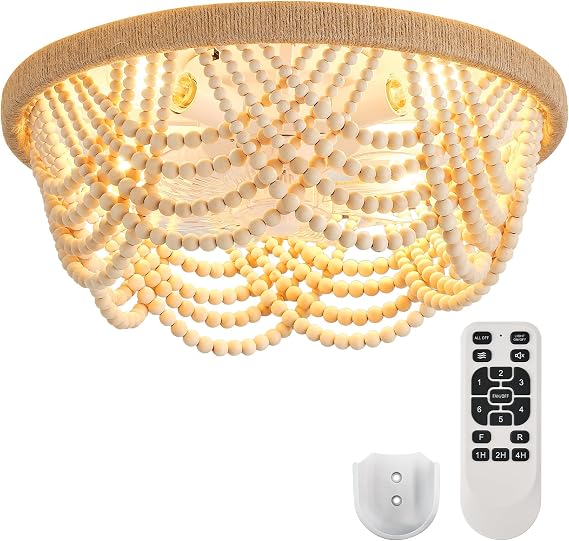 Ceiling Fans with Lights and Remote - Bulbs Included, Caged Fandelier with Handcrafted Beaded Decor 19 inches Reversible Flush Mount Installation Ceiling Fan, Wood