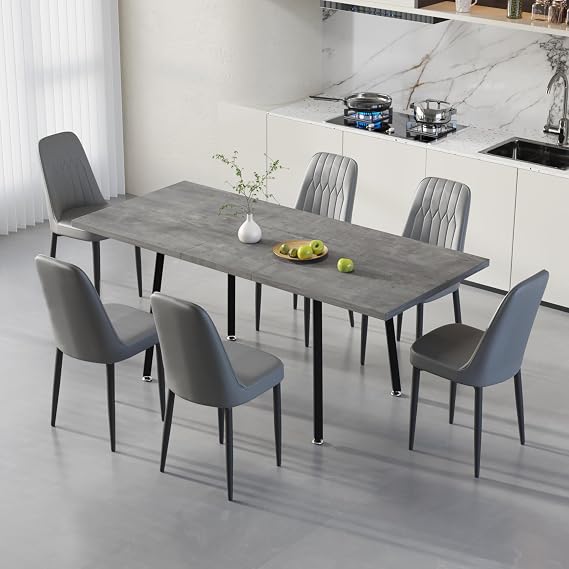 7 Piece Dining Table Set for 6-8,55-71" Extendable Dining Table Set with 6 Upholstered Chairs,Rectangle Kitchen Table Set for Small Space,Dining Room and Office,Grey
