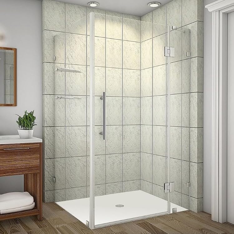 Avalux GS 46 in. W x 36 in. D x 72 in. H Rectangular Pivot Frameless Corner Shower Enclosure in Stainless Steel with Clear Glass