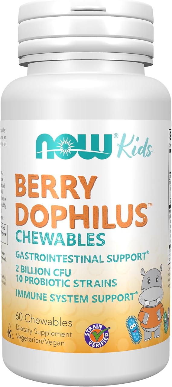 NOW Foods Supplements, BerryDophilusTM with 2 Billion, 10 Probiotic Strains, Xylitol Sweetened, Strain Verified, 60 Chewables, packaging may vary