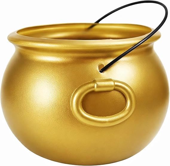 GIFTEXPRESS 8 Inch Gold Cauldron Bucket for St Patrick's Day Party Decor, Lucky Leprechaun Pot of Gold Coin Holder