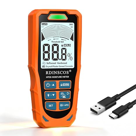 RDINSCOS Rechargeable Pinless Moisture Meter for Drywall | 6-in-1 Non-Destructive,Moisture Detector for Drywall, Concrete & Flooring,Adjustable Alarm Threshold