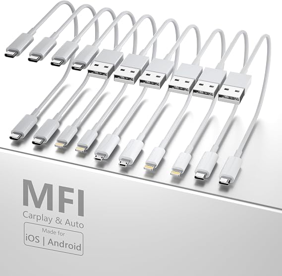 10-Pack 1FT Multi Short Charging Cables, 1FT Short USB C Cables & 1ft Short Lightning Cable & 1-ft Short Micro USB Cable for Charging Stations, Compatible for iPhone, iPad, Samsung, PS, Tablets & More