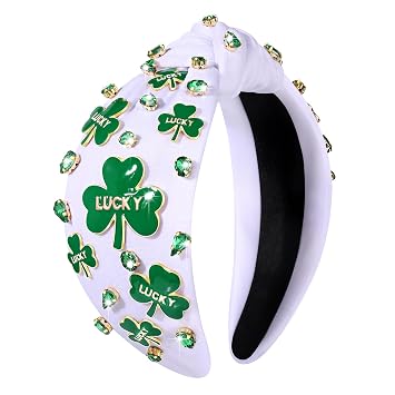 mokkia St.Patricks Day Headband Accessories Outfits for Women Green IRISH Lucky Shamrock Headband Rhinestone Crystal Knotted Hairband Irish Holiday Headwear Party Favors Gifts (Shamrock H)