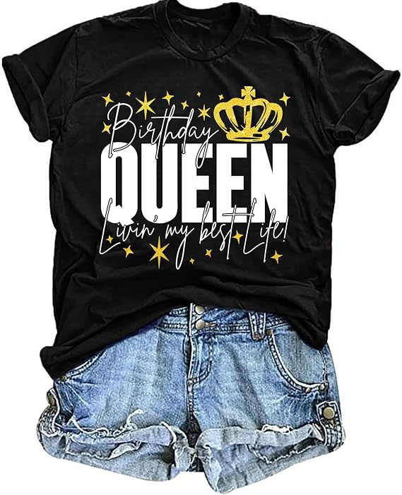 ELDPS Birthday Queen Shirts for Women: Happy Birthday T-Shirt Party Gift Causal Short Sleeve Tops