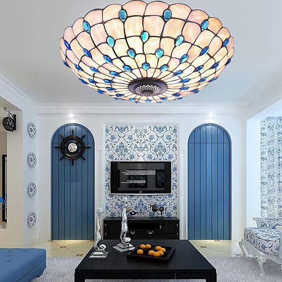 Tiffany Ceiling Lights, Stained Glass Ceiling Light 3-Lights Tiffany Flush Mount Ceiling Light for Bedroom Dining Living Room Entryway Foyer Blue Colorful Lilac lampshade,Blue a,16in