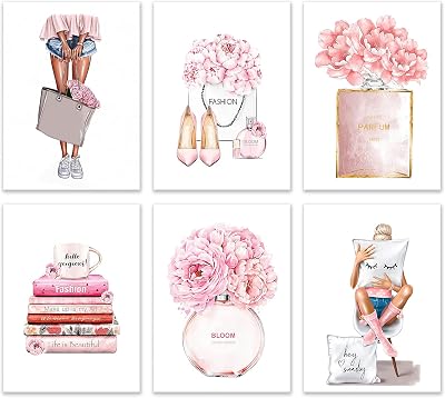 Pink Makeup Canvas Wall Art Prints, MYKASEN Pink Flower Perfume Fashion Wall Decor for Bedroom Girls Posters Room Art Wall Pictures Set of 68x10 Unframed