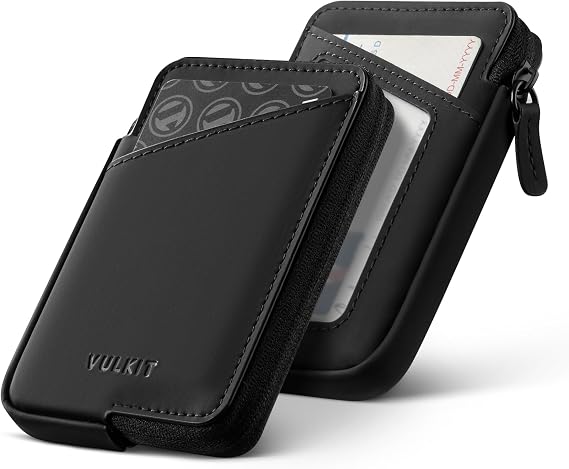 VULKIT Credit Card Holder RFID Blocking Leather Zip Card Holder Wallet Slim Minimalist Card Wallet, Holds up to 10 Cards & Folded Notes