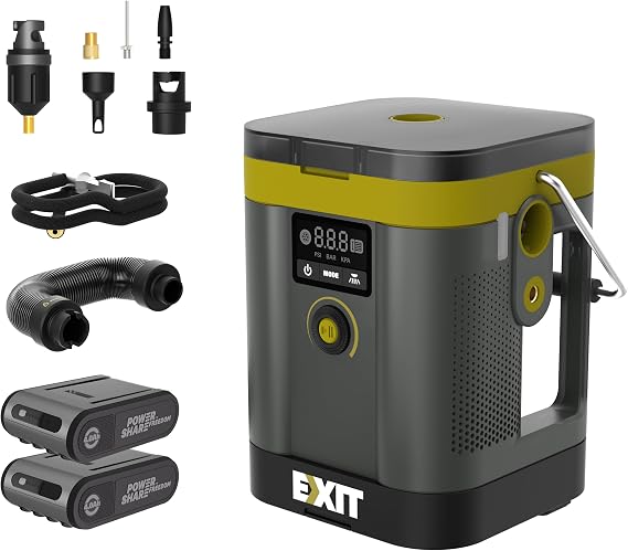 EXIT 20V Tire Inflator Portable Air Compressor, 150PSI Air Pump for Car Tires, Auto Shut Off, Deflation Function, LED Light, Includes 2 Replaceable Battery Packs