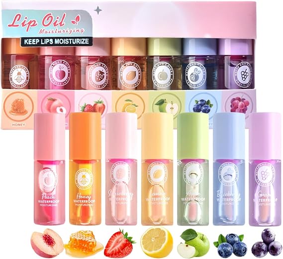 7PCS Colour Changing Lip Gloss Set,Hydrating Lip Oil Set,Pink Lip Gloss Lip Plumping Lip Glo/ss,Long Lasting Tinted Lip Gloss,Moisturising Lip Care Lip Gloss Kit for Women,Fruit-Flavored,Smooth