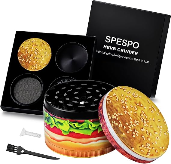 Herb Grinders, Large Spice Crusher 63mm, 4 Layers Metal Grinder with Pollen Scraper and Brush, for Spices, Herbs & Tea, Black Gift Box (Hamburger)