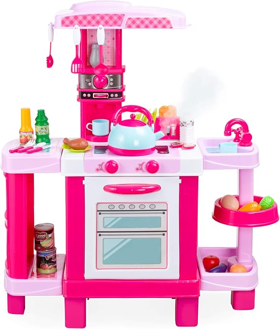 Best Choice Products Pretend Play Kitchen Toy Set for Kids with Water Vapor Teapot, 34 Accessories, Sounds, Realistic Design, Utensils, Oven, Food, Sink - Pink