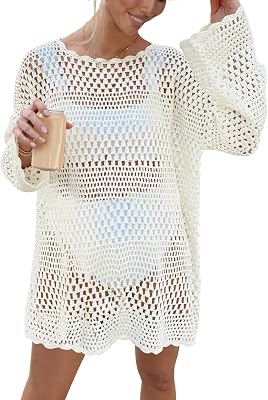 Prinbara Crochet Cover Up for Women Swimsuit Summer Bathing Suit 2025 Swim Hollow Out Bikini Swimwear Mesh Knit Beach Dress White Large