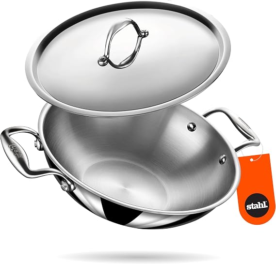 Stahl Artisan Triply 0.8 L, 16 cm Stainless Steel Kadhai with Lid,Kadai for Cooking, Stainless Steel Cookware Triply Kadai, Induction & Gas Stove Compatible