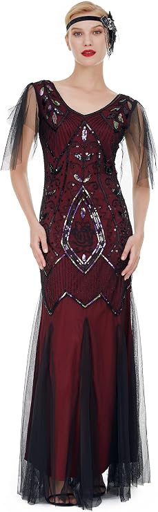 1920s Art Deco Sequin Maxi Dress, Vintage Flapper Gatsby Style, V-Neck with Tulle Sleeves, Long Evening Formal Gown