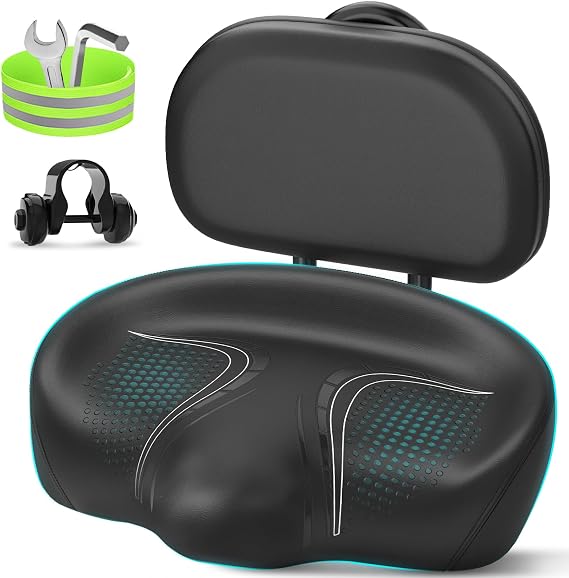BLUEWIND Noseless Oversized Bike Seat with Backrest, Wide Bicycle Seat Design for Electric Bike, Universal Fit Exercise Bike or Road Stationary Bike Seat Cushion (Noseless with Backrest)