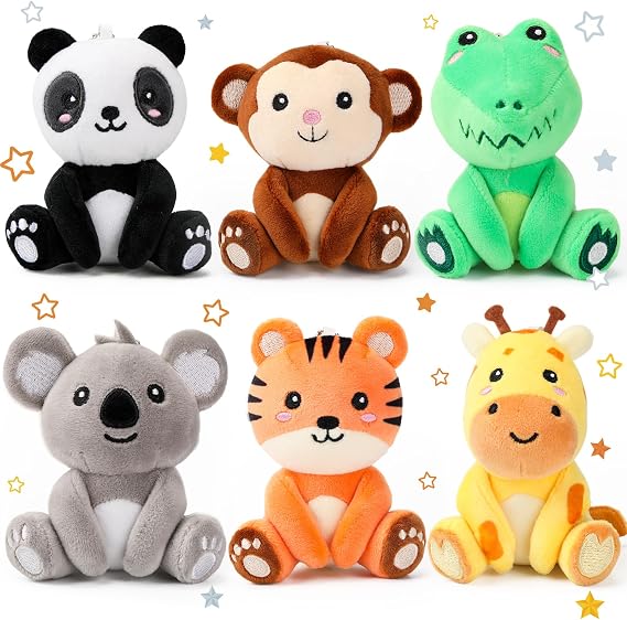 Aoriher 6 Pcs Mini Forest Stuffed Animal Bulk, 4-inch Panda, Monkey, Crocodile, Koala, Tiger, and Giraffe Keychains, Classroom Gift Stockings Filler Christmas