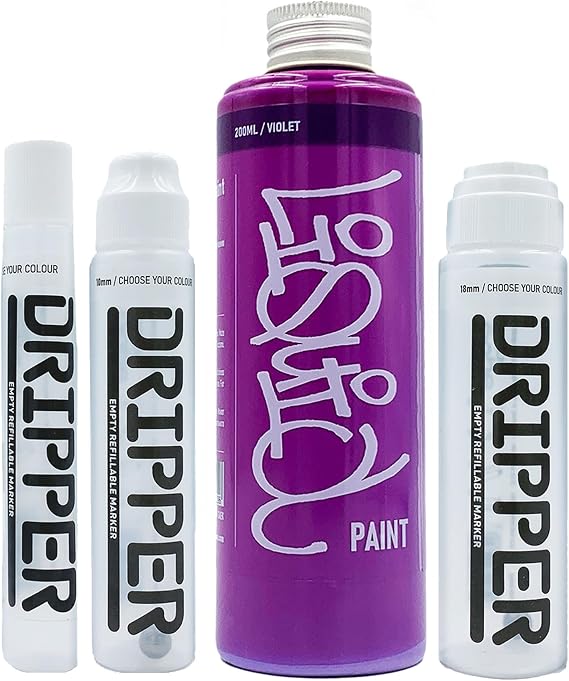 Liquid Paint & Dripper Bundle Dope, Multi Colour Refill & Multi Size Empty Mop Marker Graffiti Art Pack, Permanent 200ml Alcohol Based Paint (Violet)