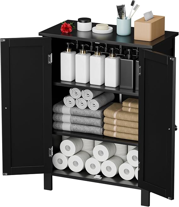 Bathroom Floor Storage Cabinet, Modern Wooden Storage Organizer Unit, 3-Tier Freestanding Console Table w/Adjustable Shelves, File Cabinet, Bathroom, Living Room Furniture Home Decor (Black)