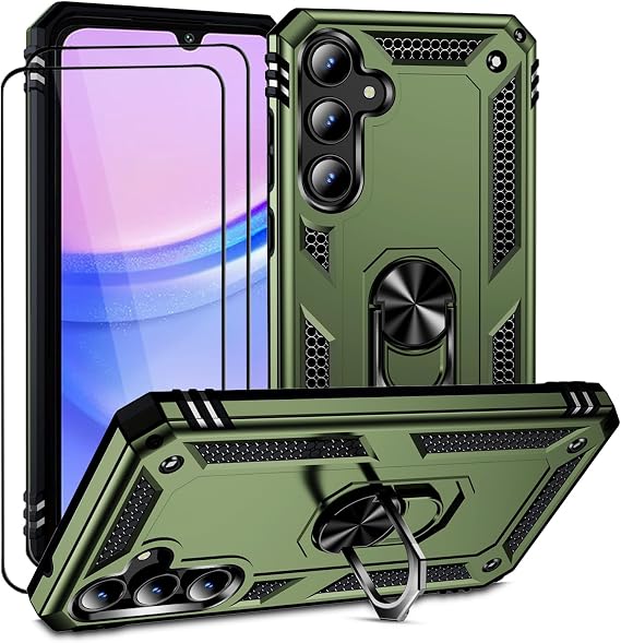 Case for Samsung Galaxy A15 Mobile Phone Case with 2 Pieces Screen Protector Galaxy A15 Cover with 360 Degree Ring Holder Stand Military Case Protection A15 Case Protective Case for Samsung A15