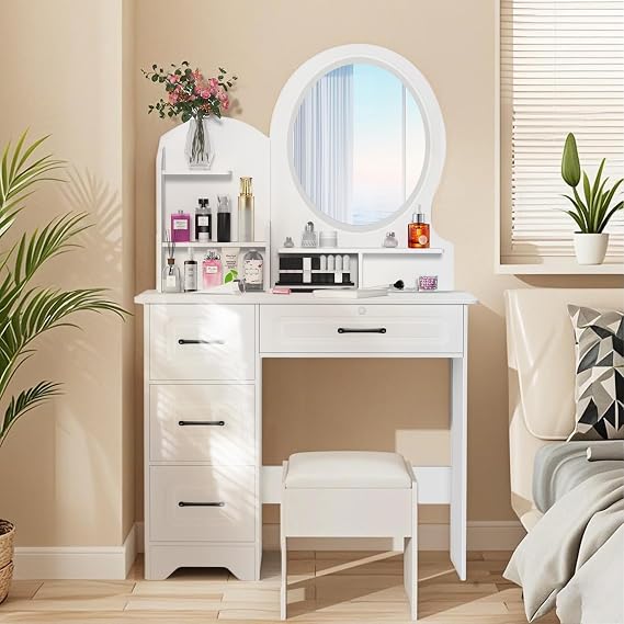 Dressing Table with Mirror,Vanity Desk with Mirror and Drawers,Vanity Table with 3 LED Adjustable Brightness,Makeup Table with 4 Drawers,Modern Makeup Desk for Girls/Women Bedroom Furniture