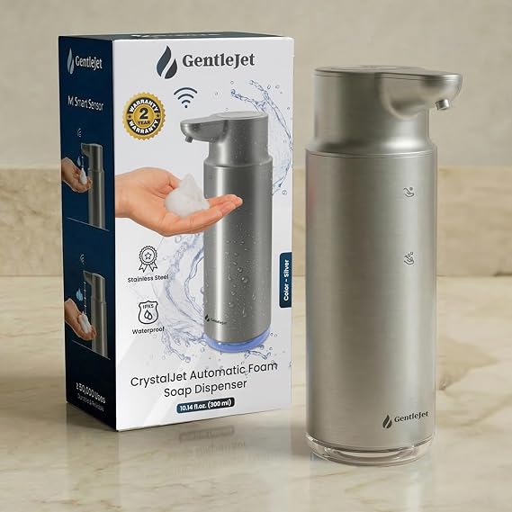 GentleJet CrystalJet Automatic Foam Soap Dispenser Stainless Steel, Touchless Sensor, USB-C Rechargeable, Waterproof, Modern Bathroom & Kitchen Sink, 300 ml