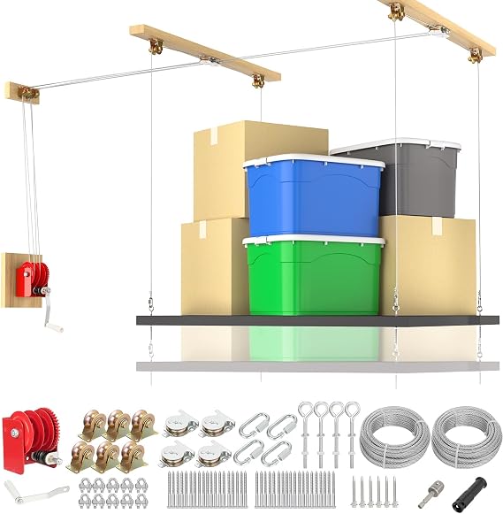 Overhead Garage Storage Lift Kit with 3/16 Galvanized Cable, 42:1 Winch | Fits 8-16 ft Ceilings, 300lb Heavy Duty Ceiling Mounted Garage Storage Lift System for Organization, (Deck Not Includ)