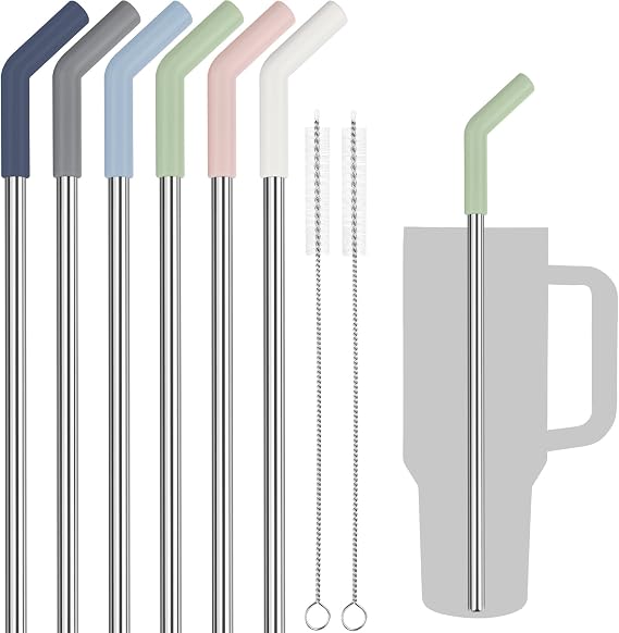Tomorotec 6-Pack Reusable Metal Straws for Stanley Cup, Silicone, Morandi | Food-Grade 304 Stainless Steel With Detachable Soft Silicone Extenders And 2 Cleaning Brushes For Smoothies And Outdoor Use