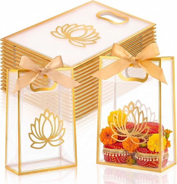 24 Pcs Diwali Pooja Clear Gift Bags Bulk for Indian Return Favor, Lotus