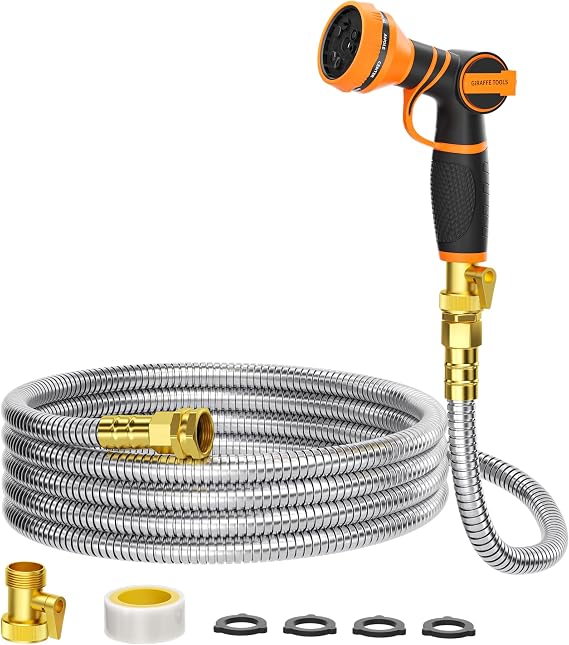 Giraffe Tools Garden Hose 25ft x 5/8", 304 Stainless Steel Metal Water Hose