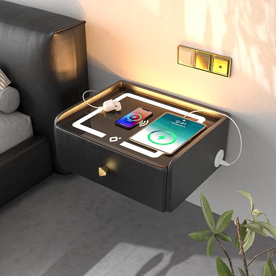 HOMEMORE Floating Nightstand with Wireless Charging Station Bedside Table LED Smart Bedside Table Wall Mounted Nightstand Dorm Night Stand Black