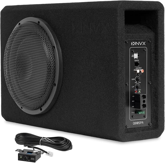 NVX QB10SPA 10" 1200W (350W RMS) Shallow Slot Ported Powered Subwoofer Enclosure Built-in Amplifier, Metal Grille, Remote Bass Knob, Easy to Install in Cars & Trucks
