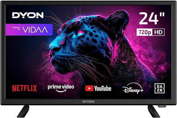 DYON Movie Smart 24 VX TV 24 inches (60 cm) HD Smart TV HD Triple Tuner (DVB-C/-S2/-T2) App Store Prime Video Netflix YouTube DAZN Disney+ (Model 2023) VIDAA OS AirPlay waipu.tv Prime Video Netflix YouTube DAZN Disney+ Triple Tuner DVB-C/S2/T2 WiFi Hotel Mode