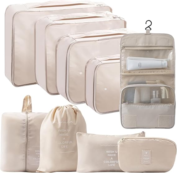 packing cubes for suitcases 9 PCS Packing Cubes compression（Beige）