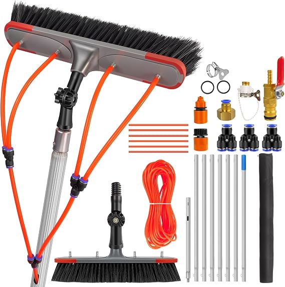 Window Cleaning Brush, 7M/23FT Water Fed Pole Kit, Extendable Aluminum Pole with 35cm Brush Head Adjustable Angle, Lightweight Cleaning and Washing Tool for Windows, Solar Panels