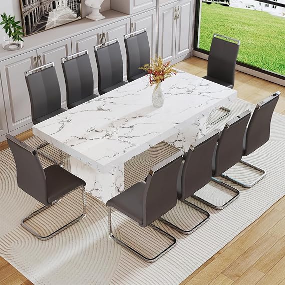 Ebullient Modern Dining Table Set for 10,White Dining Room Table Set for 10,78.7" Faux Marble Kitchen Room Table with 10 Dark Grey Leather Chairs,11 Piece Dining Table Set for Dining Room Kitchen