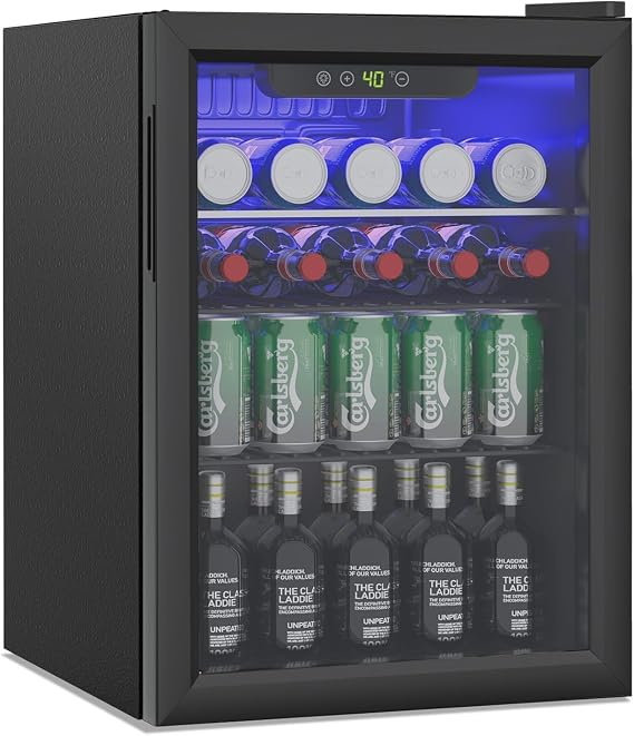 Erivess Compact Beverage Refrigerator, 95 Can/2.6 Cu Ft Mini Fridge, Black