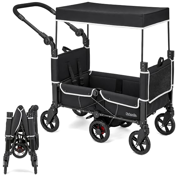 Kolcraft 2-Kid Stroller Wagon, Zero-Turn 360 Steering, Lightweight 27 lb Foldable Wagon Stroller with Push/Pull Handle, 110 lb Capacity, UPF 50+ Canopy, All-Terrain EVA Wheels, 5-Point Harnesses