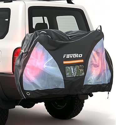 Favoto Bike Cover for Transport 2 Bikes - Waterproof Outdoor Bicycle Cover for 2 Bikes on Rear Bike Rack 600D Oxford with License Plate Window Sun Rain Dust Protection for Car SUV RV Travel