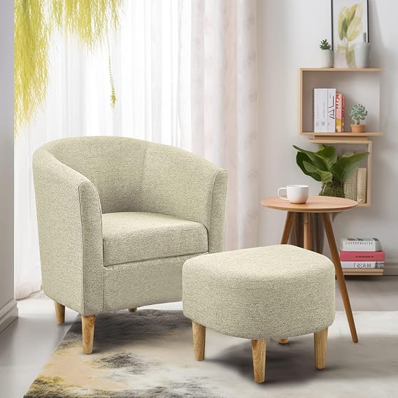 DAZONE Accent Chair Barrel Chair with Ottoman Comfy Club Tub Armchair Beige