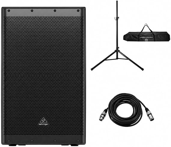 Behringer DR115DSP 15" 1400W Powered PA Speaker System with DSP and 2-Channel Mixer, Bundle with Speaker Stand and 25' XLR Microphone Cable