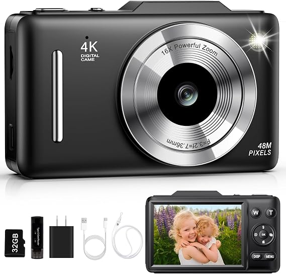 Digital Camera 4K for Kids-48MP Autofocus Vlogging Camera with 32GB Card, 16X Zoom, Anti-Shake, Compact Point and Shoot Camera for Teens Beginners, Birthday Gift Black
