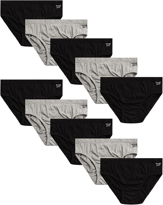 Reebok Mens Low Rise Briefs 10 Pack Soft Stretch Cotton Underwear Briefs | Low Rise Cut Sits Comfortably Below the Waist for a Smooth Fit Under Jeans or Joggers, Reduces Irritation